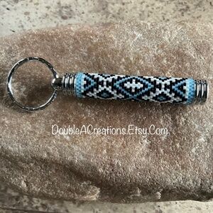 Southwest Sky Blue and Black Beaded Compartment Keychain, New, Handmade by Me